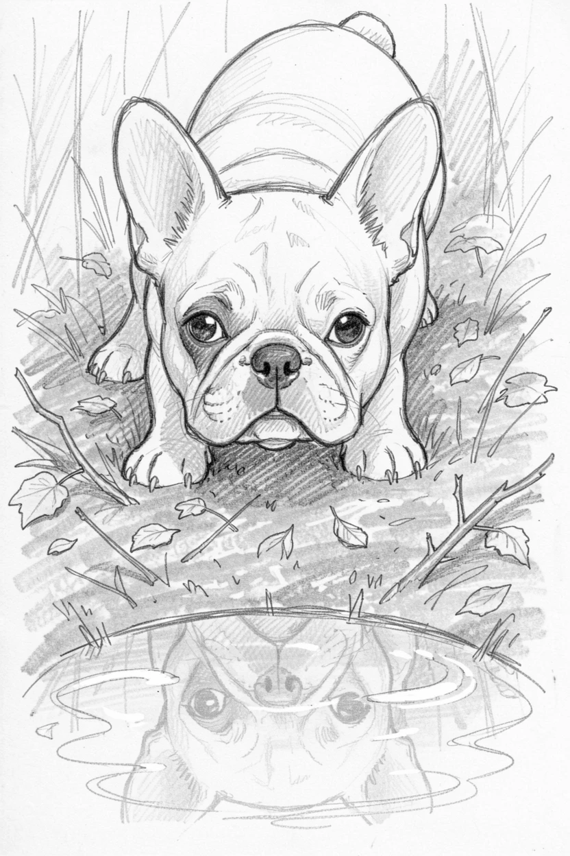 An adorable close-up of a French bulldog puppy exploring a mossy forest floor, with its reflection shimmering in a pond.