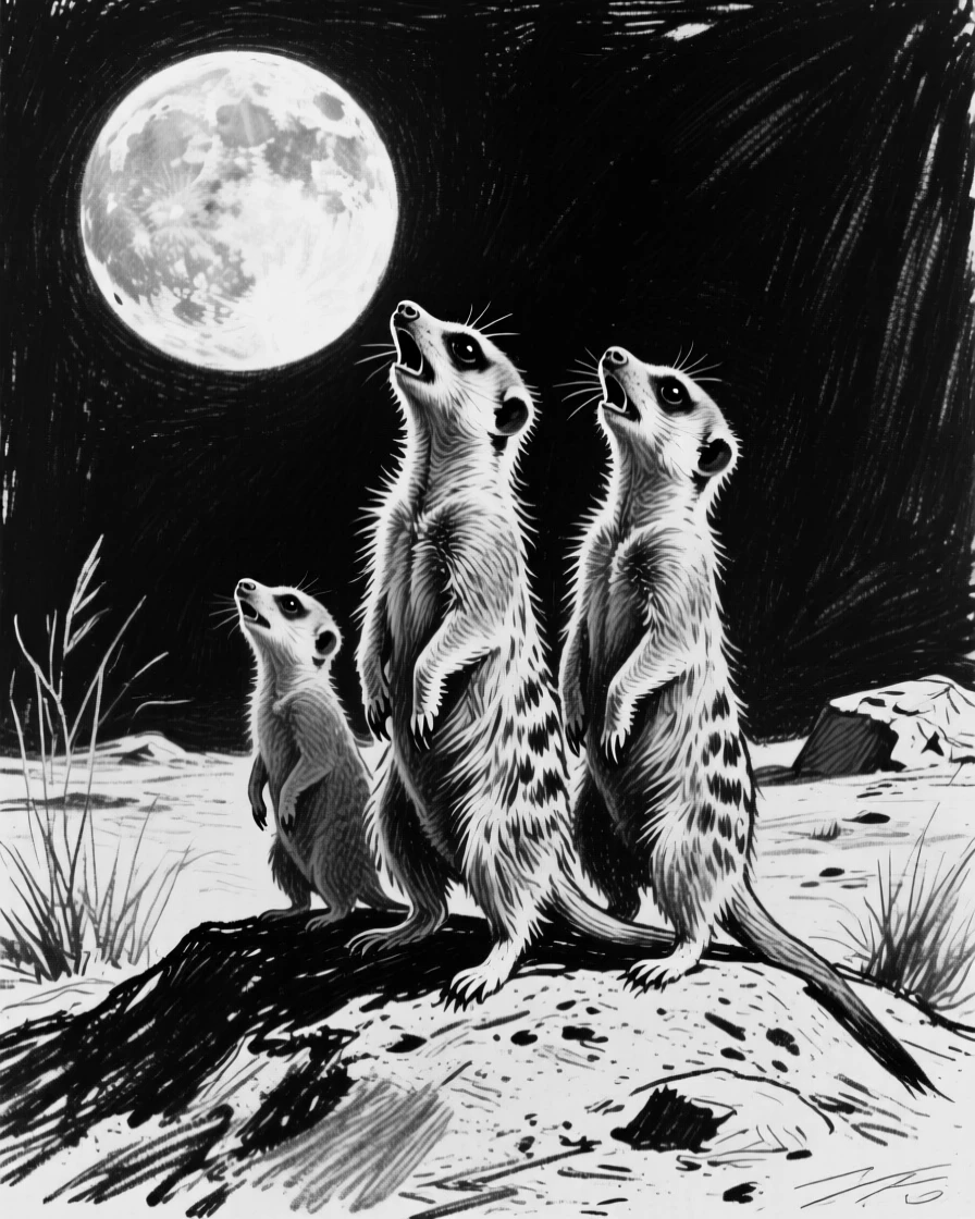 A meerkat family standing alert howling at a full moon.