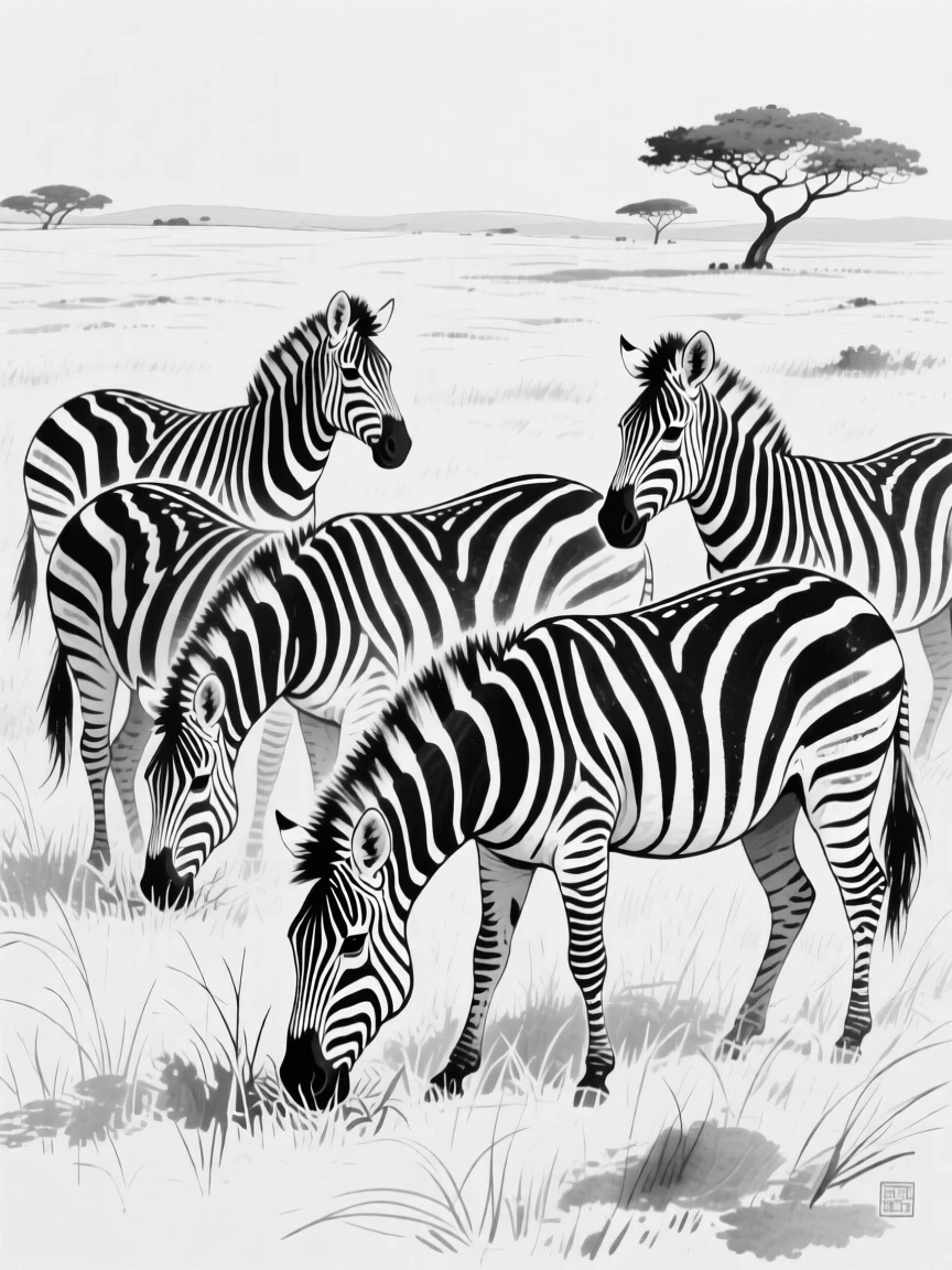 A herd of zebras grazing together on the open savanna.