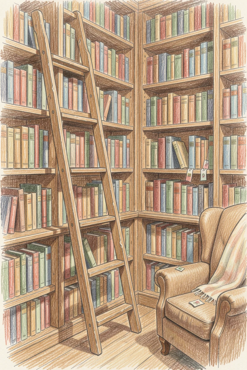 A small library nook with a rolling ladder and towering bookshelves, with soft shadows and a gentle, lived-in charm, capturing the simple joys of home and hearth.