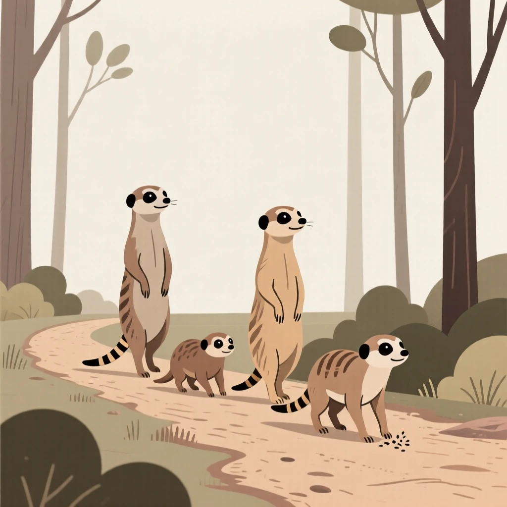 A family of meerkats walking together along a quiet forest trail.