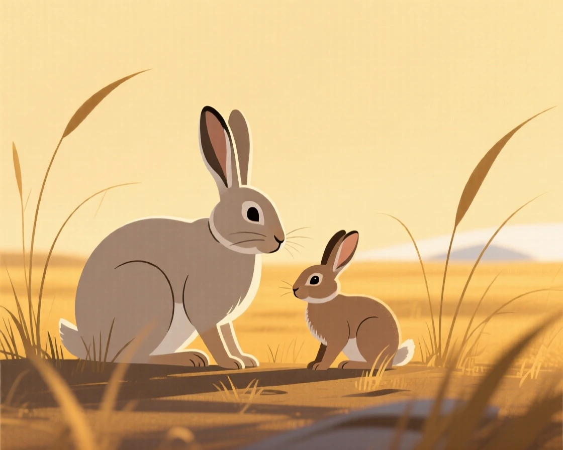 An arctic hare and its young exploring quietly together in a savanna at golden hour, expressing quiet tenderness.