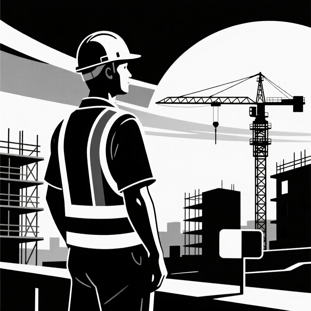 A construction worker overseeing a building site at sunset.