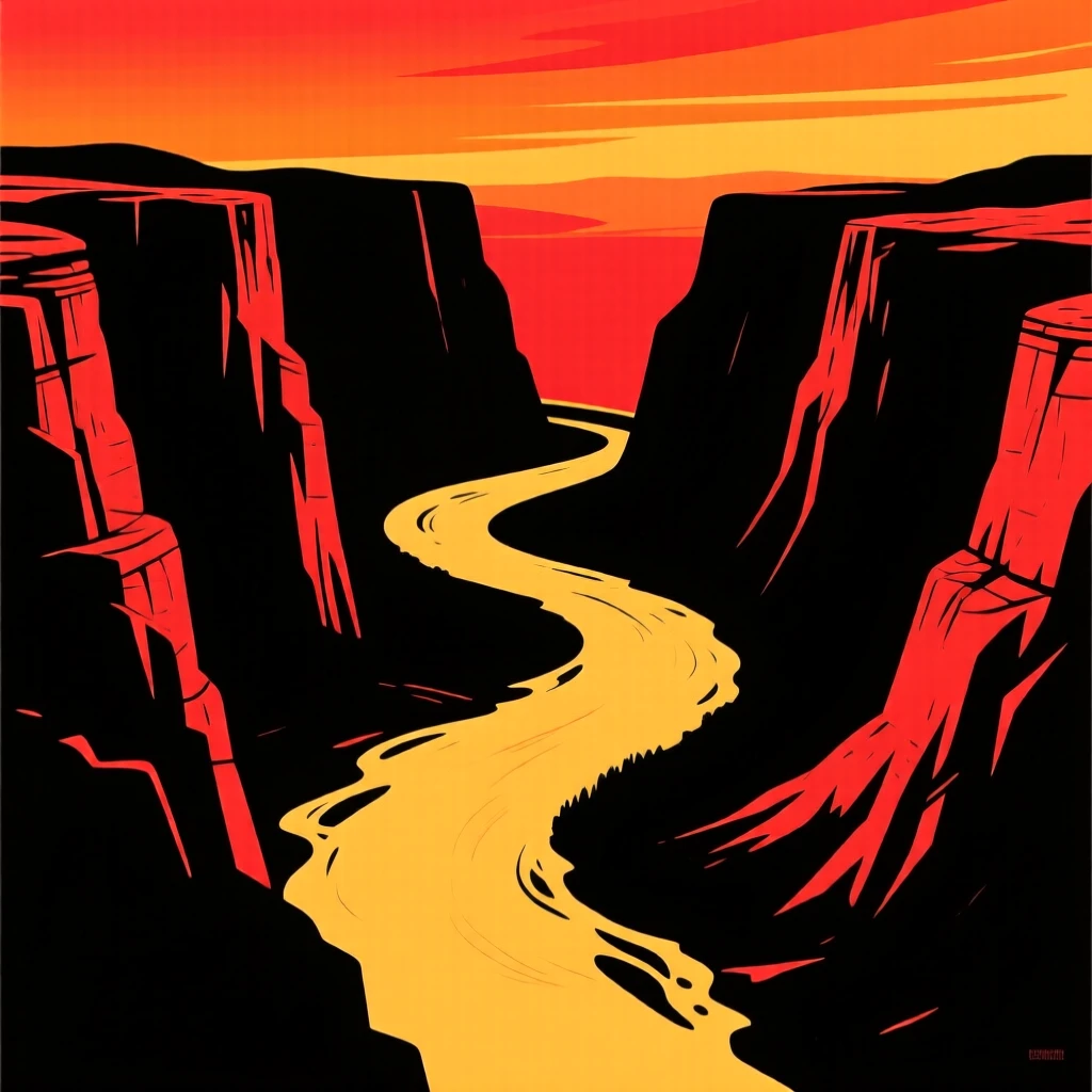 A canyon river winding far below towering red rock walls.