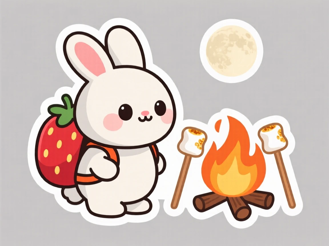 A bright-eyed round moon rabbit wearing a backpack shaped like a strawberry, beside a small campfire with marshmallows roasting.