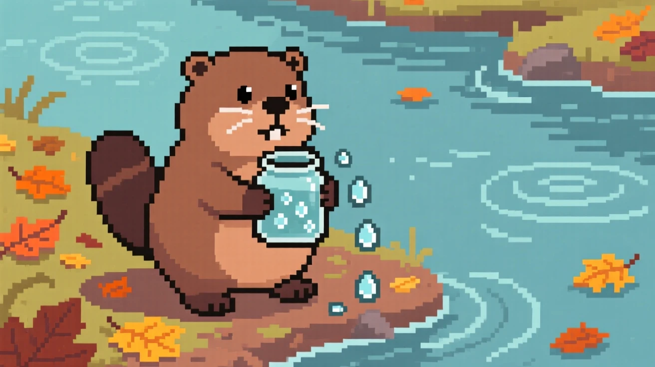 A chubby beaver collecting dewdrops in a jar, on a riverbank scattered with fallen leaves.