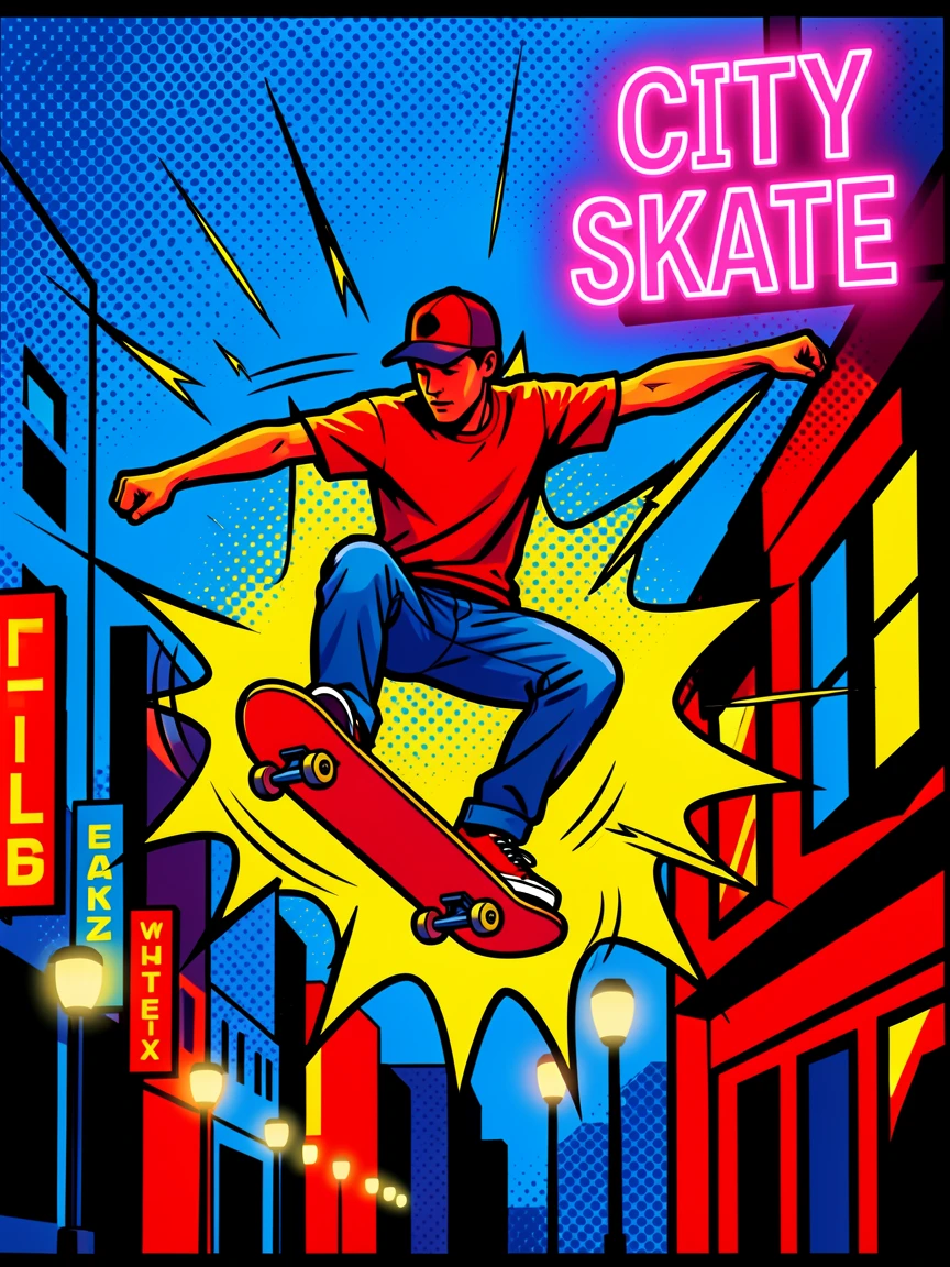 A skateboarder performing a trick under city lights