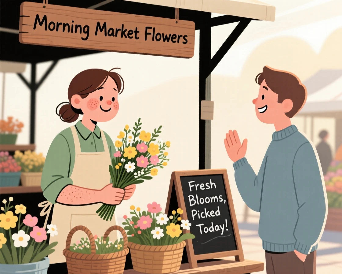 A baker arranges bundles of fresh flowers at a bustling farmers market, greeting a regular customer with a warm smile in the morning sun.