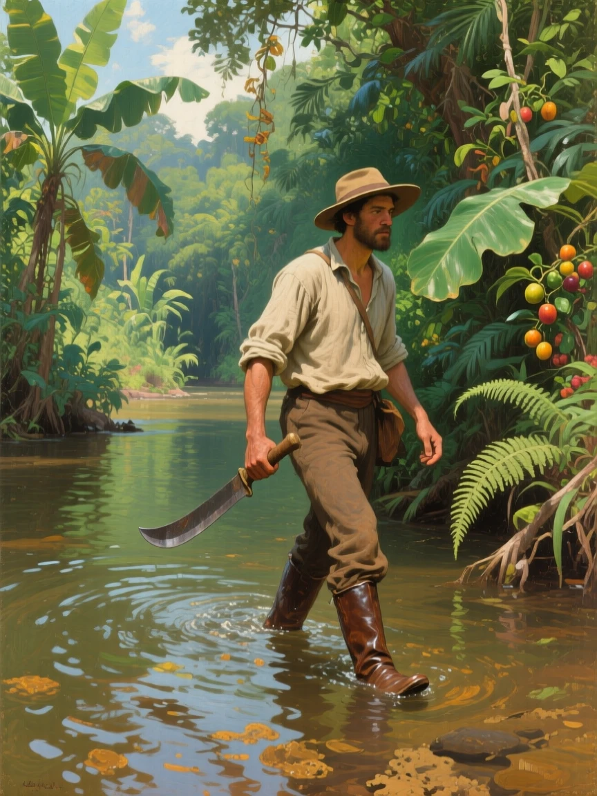 A balanced composition of an explorer wading through a dense jungle river with a machete in hand, during the summer harvest, at midday.