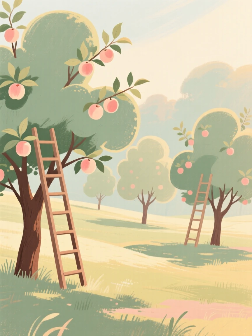 A country orchard with ladders propped against fruit-laden trees