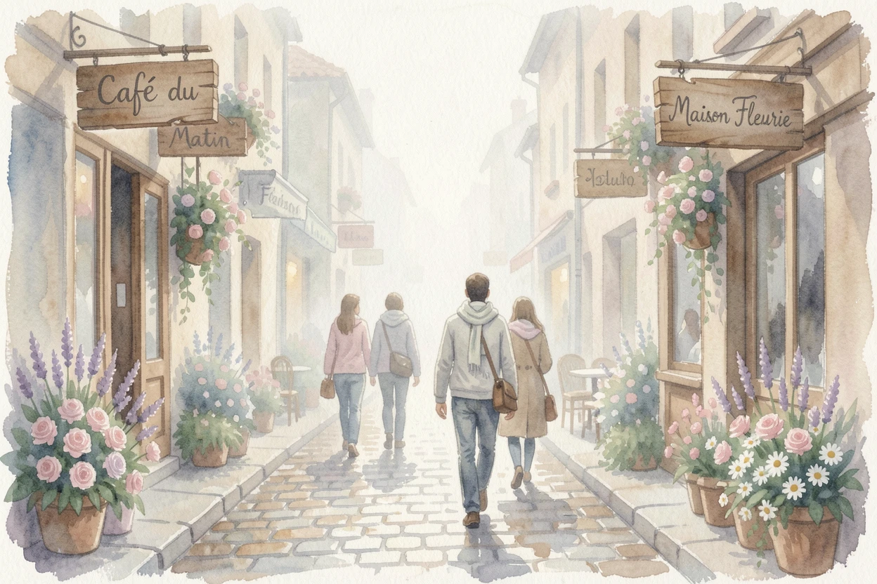 A cobblestone street lined with cafes and flower boxes with soft morning fog rolling through with travelers strolling along the path.