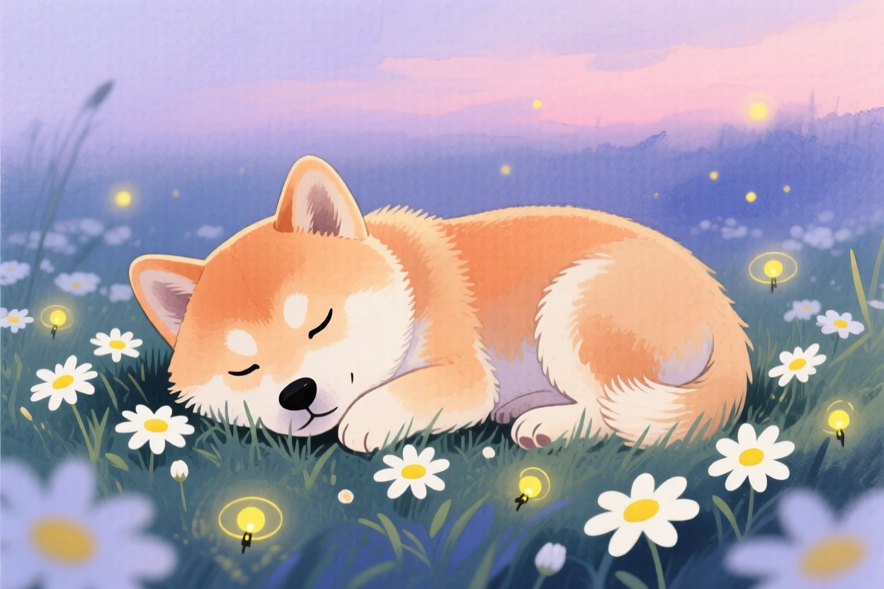A Shiba Inu puppy naps curled up in a meadow full of daisies, as fireflies begin to glow at dusk