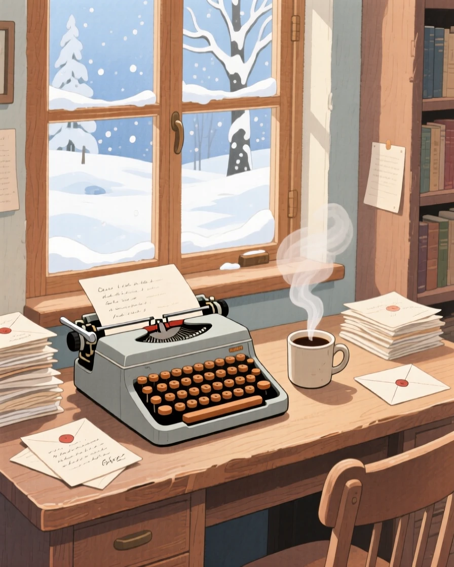 A quiet study with a typewriter, a cup of coffee, and stacks of handwritten letters, with a light dusting of snow visible through the glass, radiating warmth and homely peace.