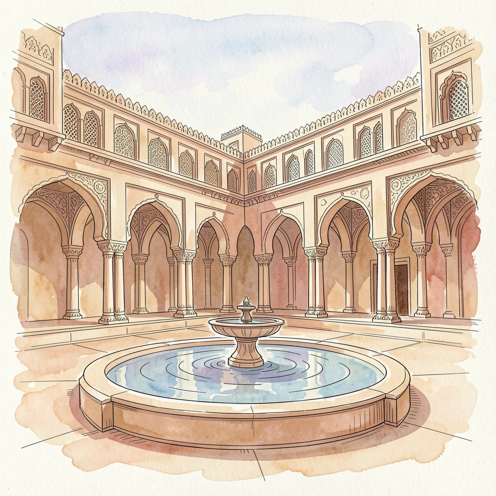 A grand desert palace with intricate archways and a central courtyard fountain reflecting the sky