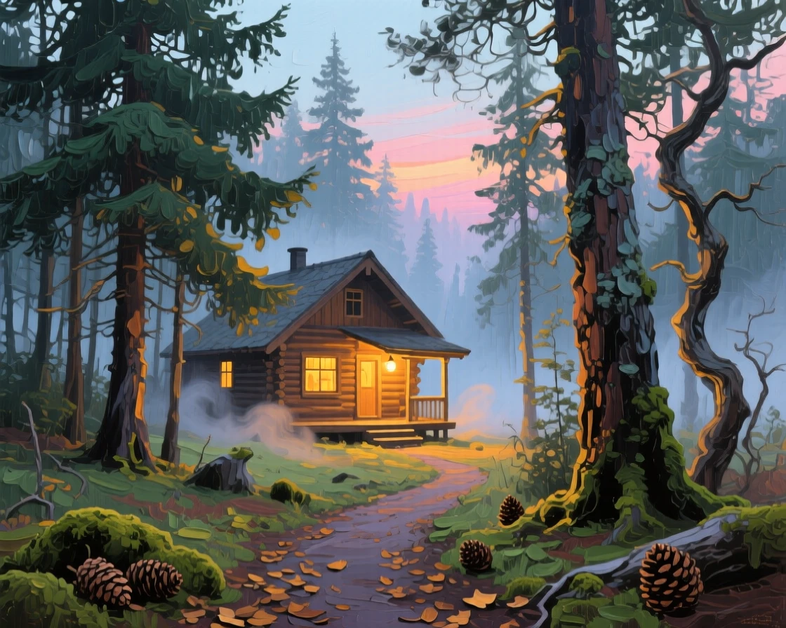 a cabin glowing through tall evergreens, in early morning mist, from an inviting eye-level viewpoint.
