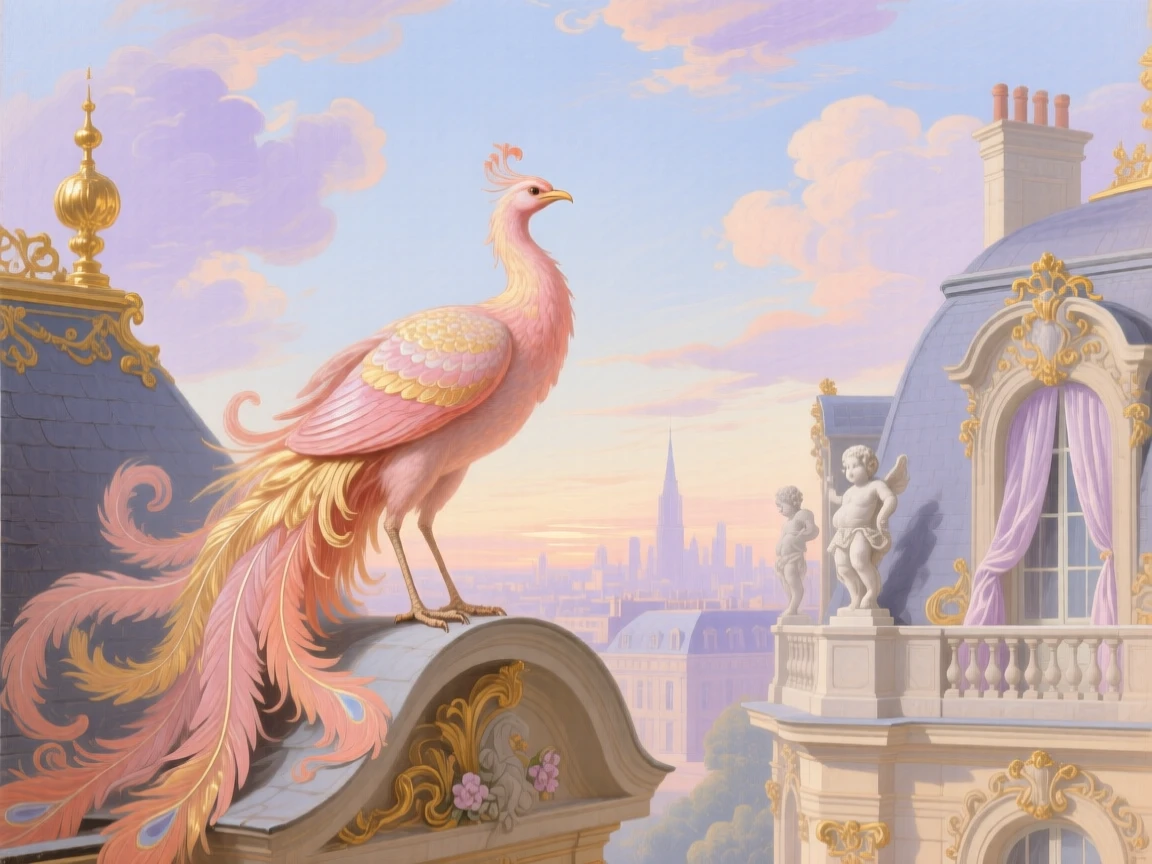 A phoenix perched on a palace rooftop as dawn breaks over the city  