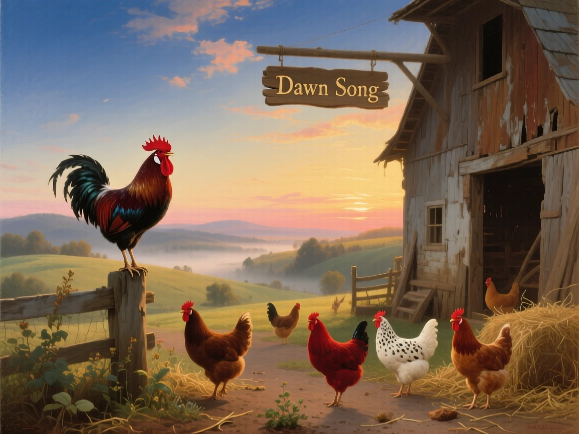 Chickens scatter across a farmyard as a rooster crows at dawn.