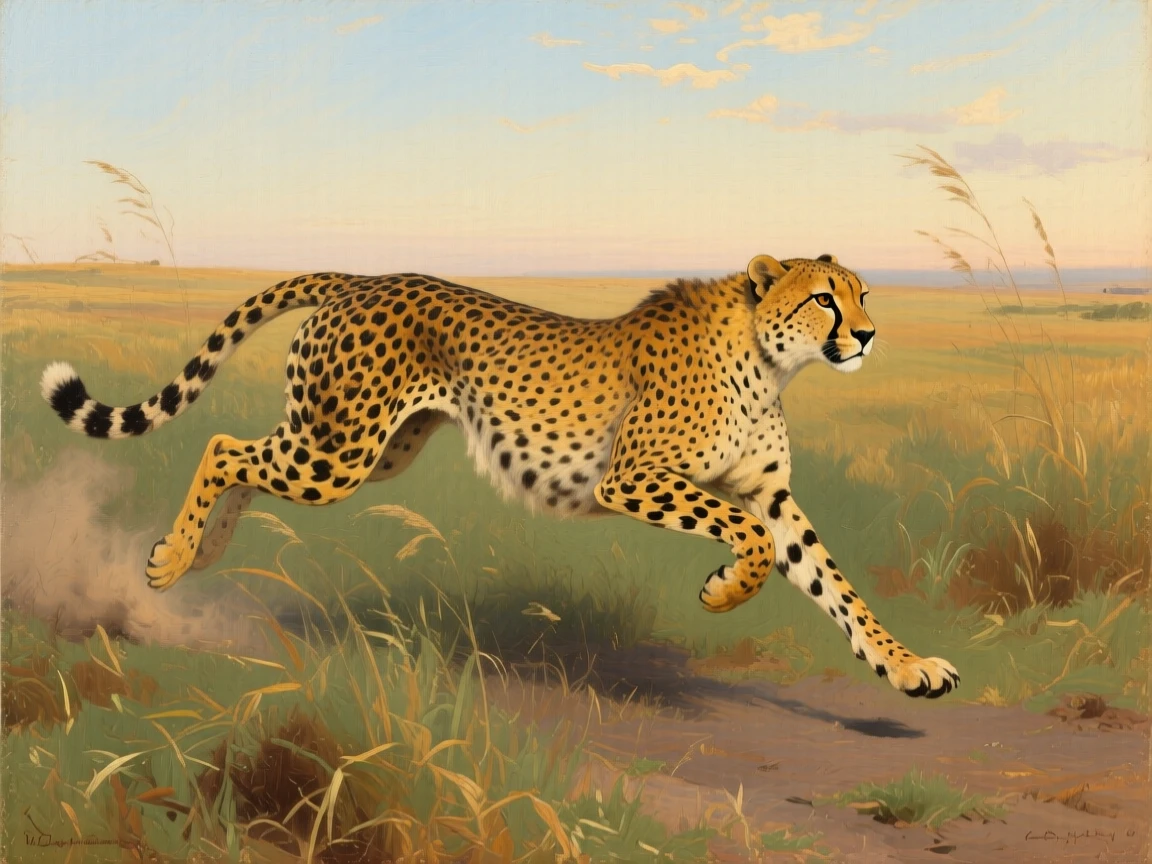 A cheetah sprinting at full speed across the open plains, its eyes sharp and fully alert to the surroundings, capturing a rare and intimate glimpse into wild life