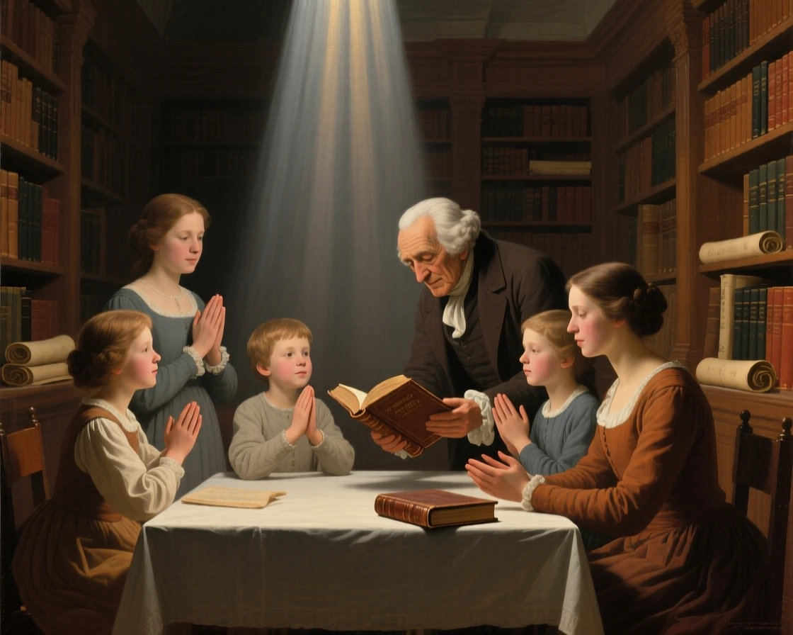 A family gathered in gratitude around a humble evening table as ancient wisdom passes gently to the next generation, set within an ancient library devoted to timeless questions, with open hands extended in a gesture of blessing or gratitude; vertical light from above draws the eye toward transcendence, radiating compassion, faith, and gentle hope.