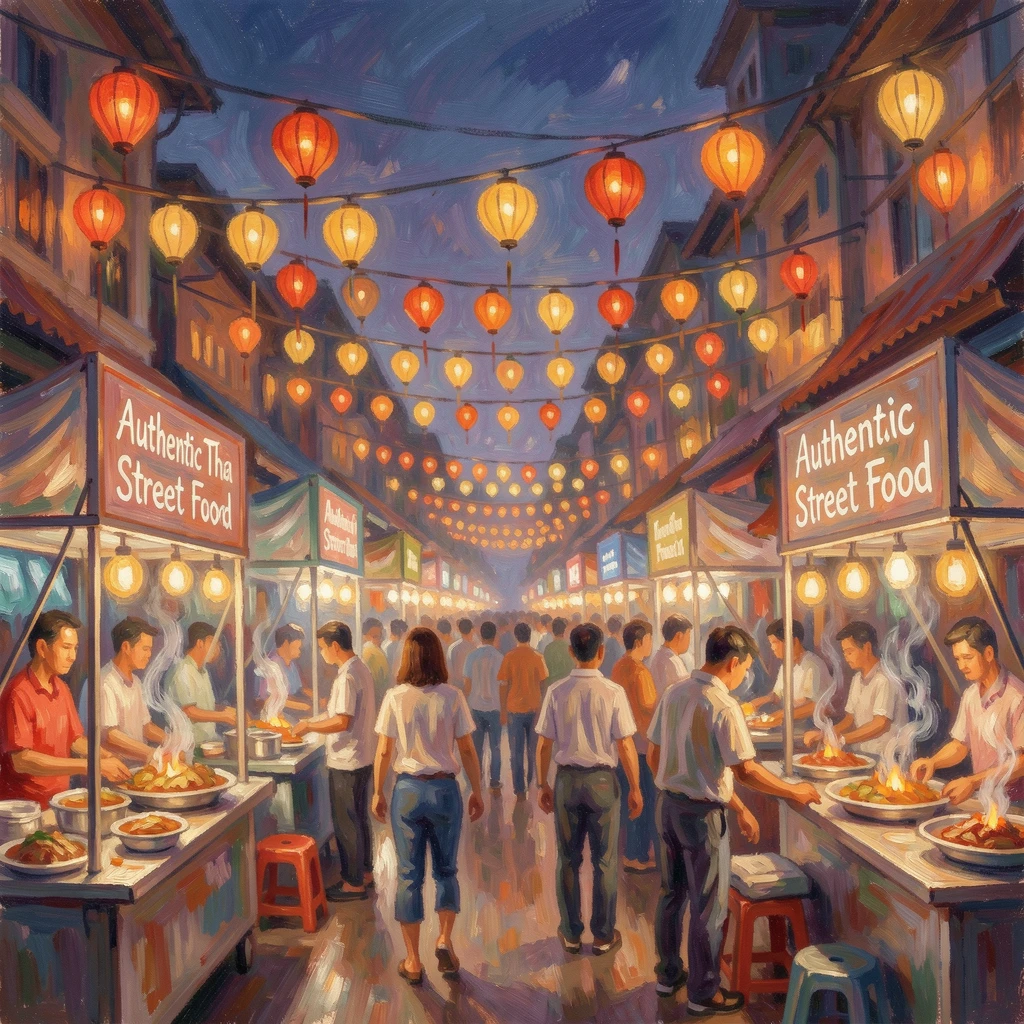 A crowded night market in Bangkok, strings of lanterns glowing above stalls of steaming street food.