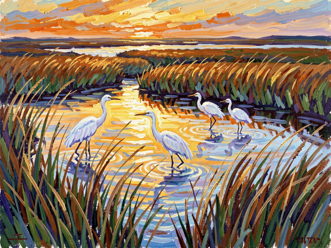 A tranquil coastal marsh at dawn, egrets wading through golden reflected light.