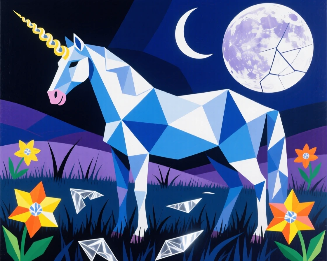 A unicorn grazing peacefully in a moonlit meadow surrounded by glowing flowers.