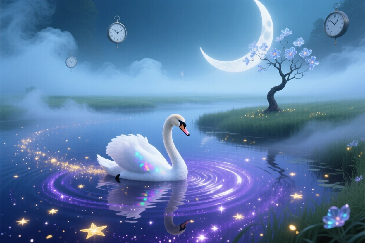 A swan gliding across a lake made entirely of stars moves silently through a fog-covered meadow, while tiny sparks of light trail behind its every step.