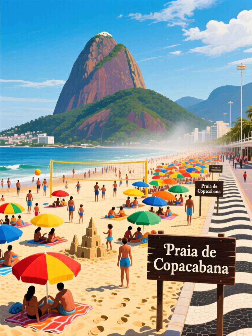 A vibrant beach scene in Rio de Janeiro shows Sugarloaf Mountain rising behind colorful umbrellas and crowds enjoying the golden sand at Copacabana, a faint haze softening the far horizon while nearer details remain crisp and vivid.