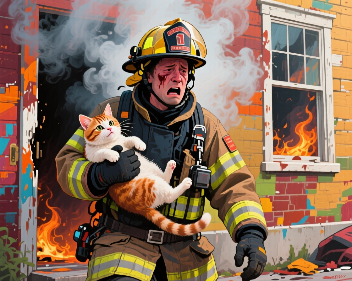 A firefighter carrying a rescued kitten out of a smoky building, both looking exhausted but relieved