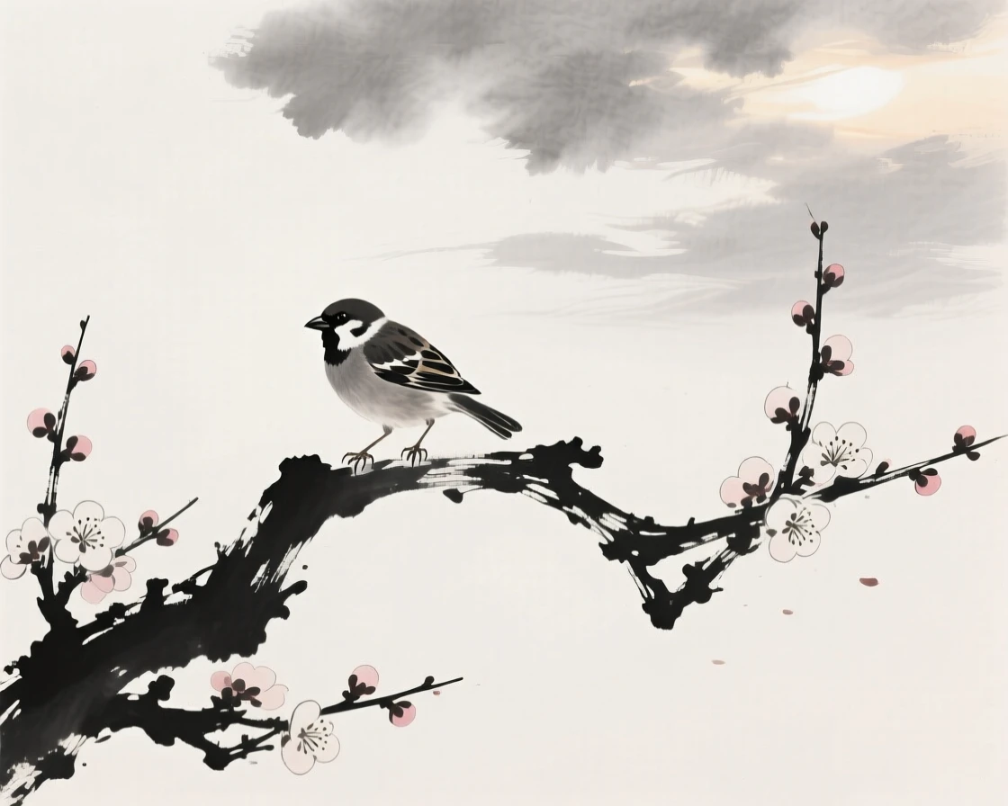 A small sparrow perches on a blossoming branch, while morning light breaks through the clouds.