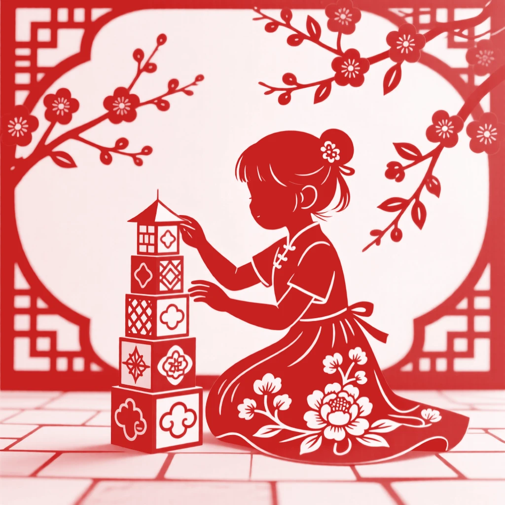A little girl in a red dress, building a small tower of blocks in a courtyard, the scent of blossoms filling the spring air.