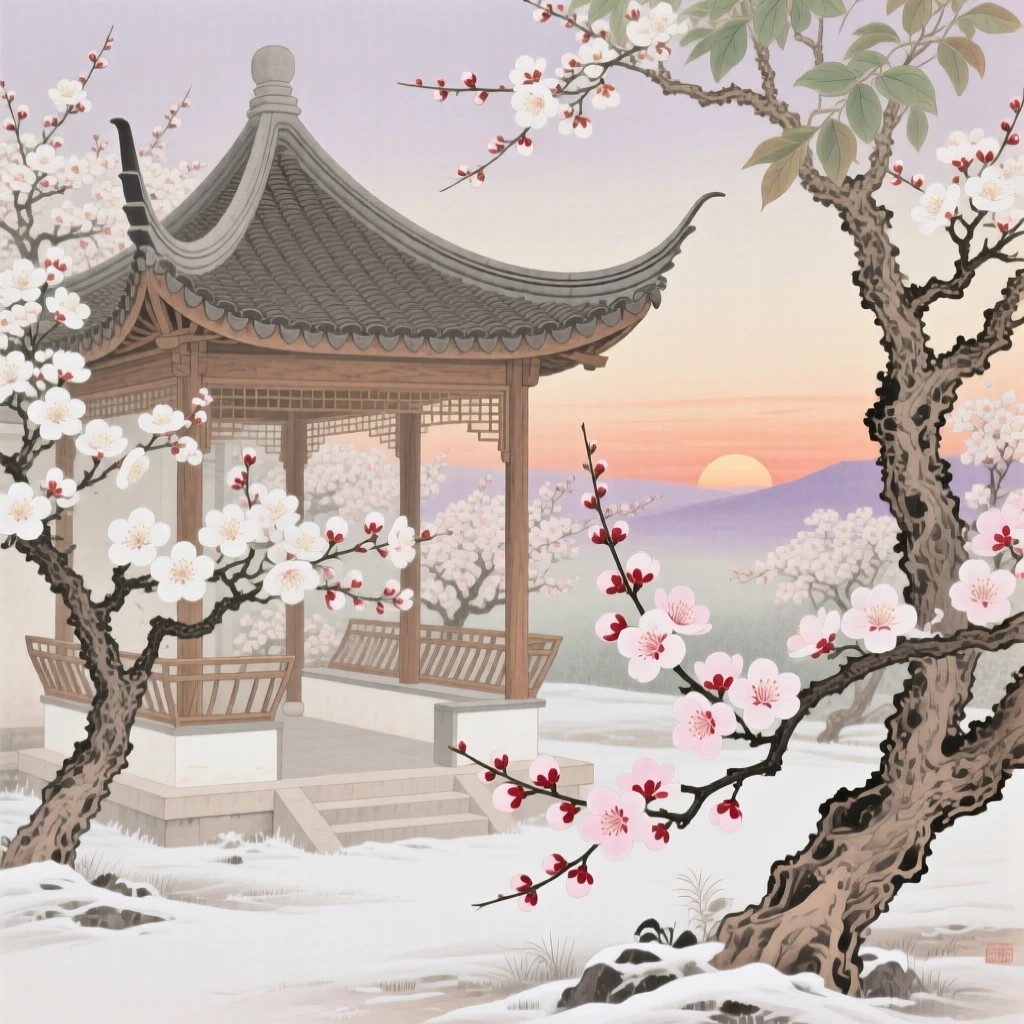 A garden pavilion surrounded by blooming plum blossoms in late winter, with the first light of dawn touching the horizon