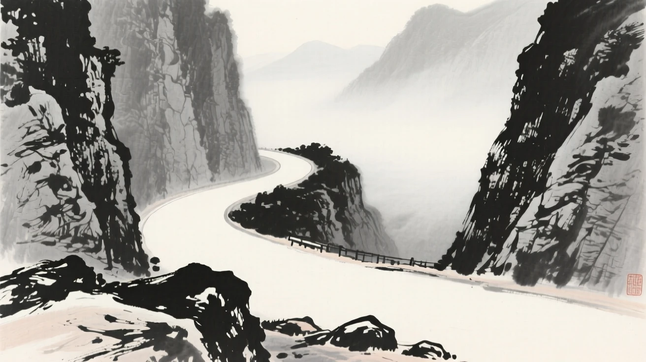 A winding mountain road disappearing into distant fog beneath towering rock walls softened by haze, framed low, with the foreground rocks leading the eye toward the distance, capturing a fleeting, serene moment suspended in time.