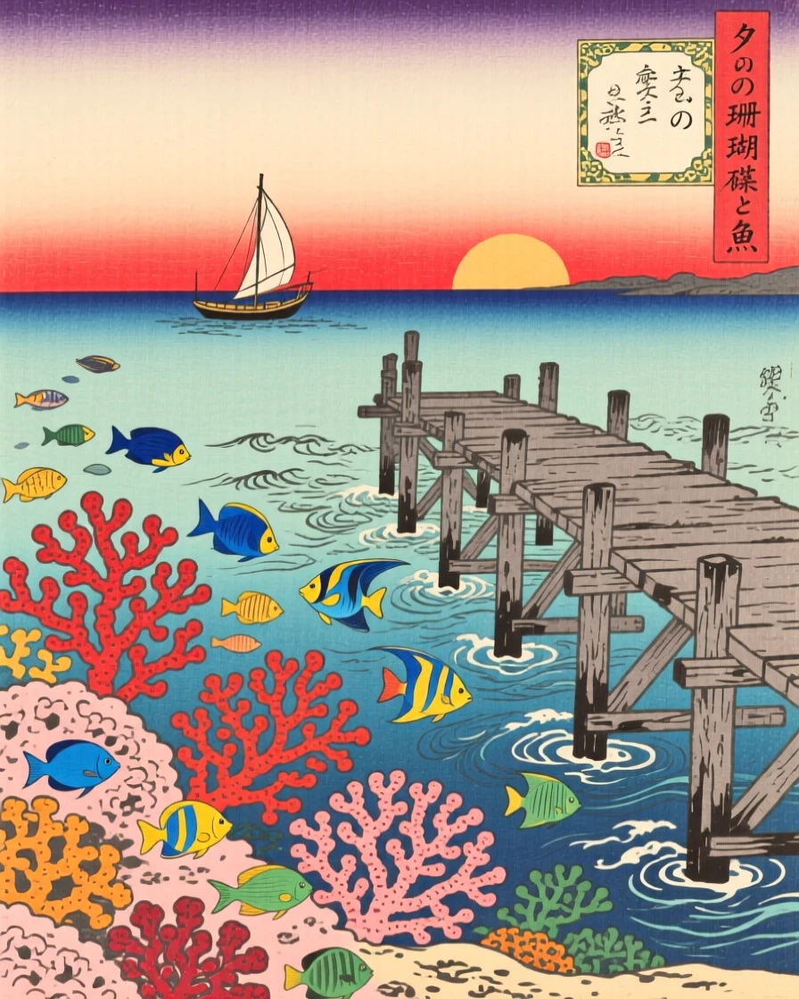 A coral reef alive with fish beside weathered wooden piers, at sunset.