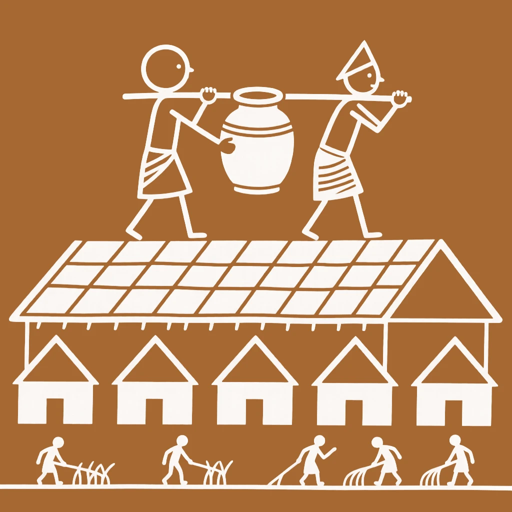 A father helping each other carry water home on a rooftop overlooking the village.