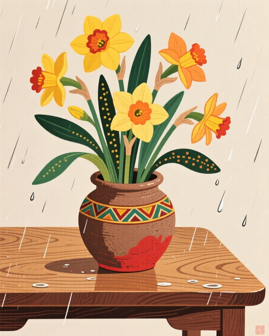 A still arrangement of daffodils after spring rain in a rustic clay vase on a wooden table.