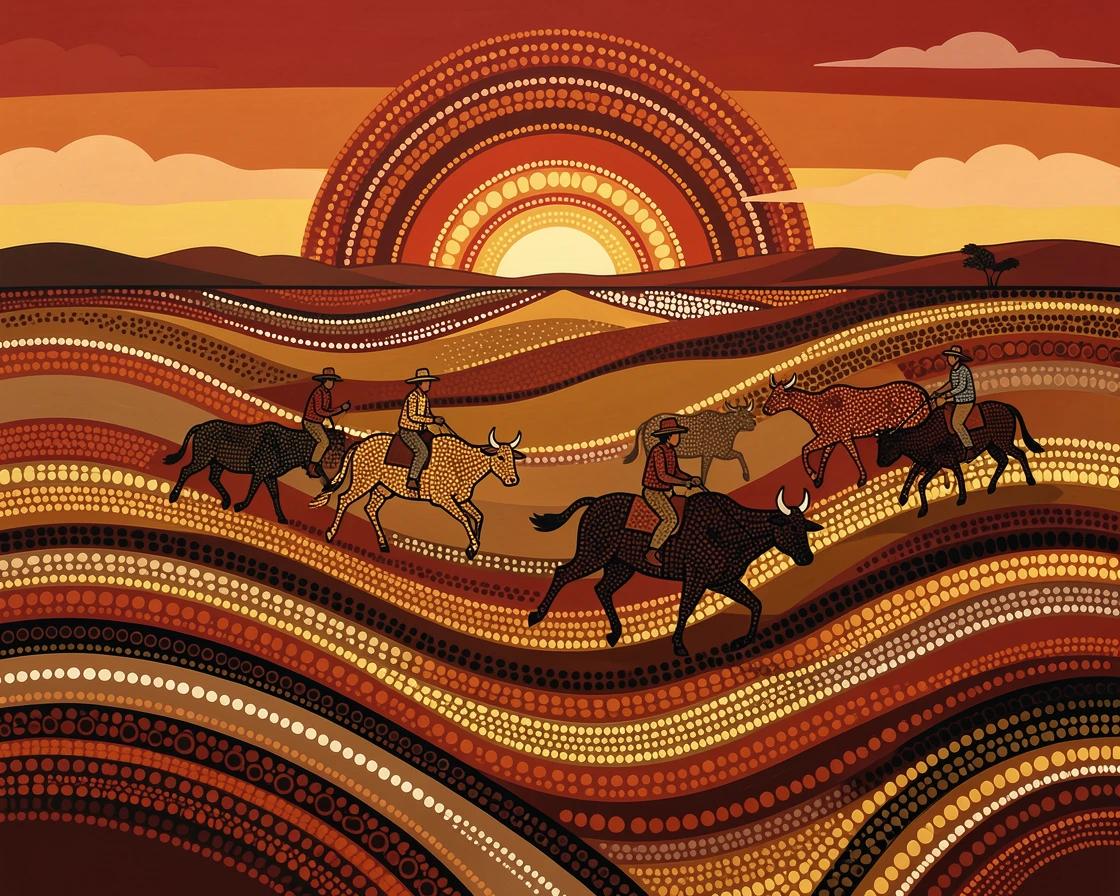 Herders driving cattle across open plains at sunrise