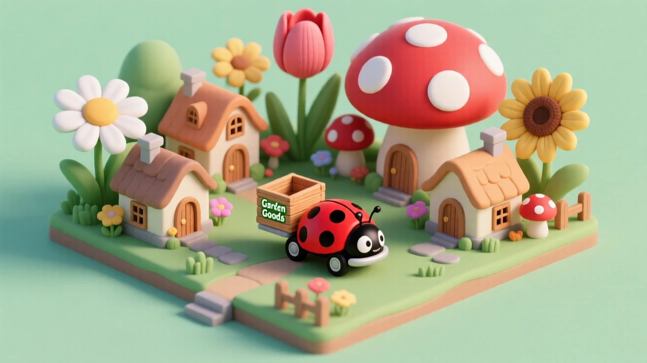 A giant's garden village where tiny houses are built among oversized flowers and mushrooms, with a ladybug serving as a delivery vehicle.