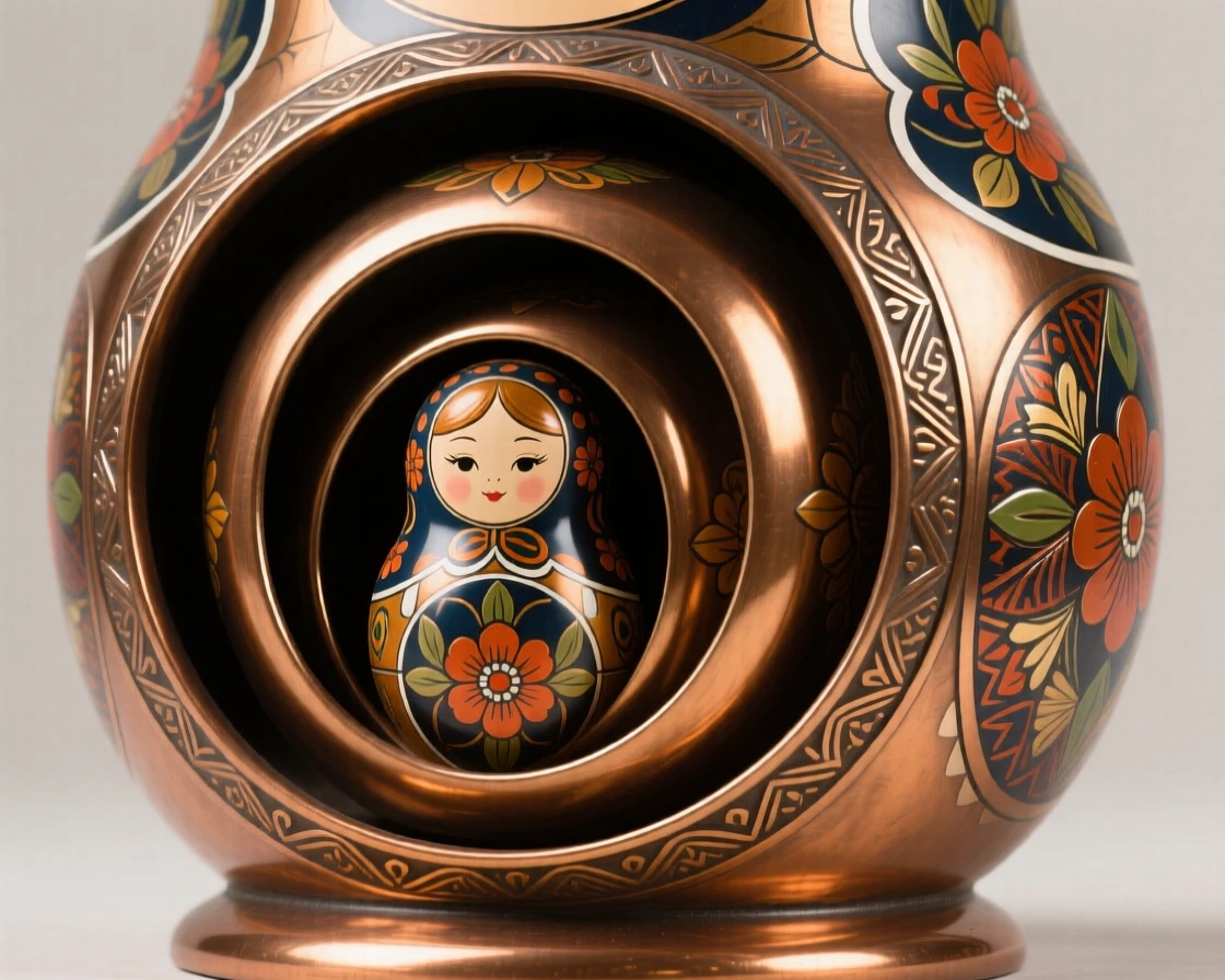 A set of nesting matryoshka dolls painted in vivid detail, catching the light with rich, warm reflections, radiating elegance and refinement