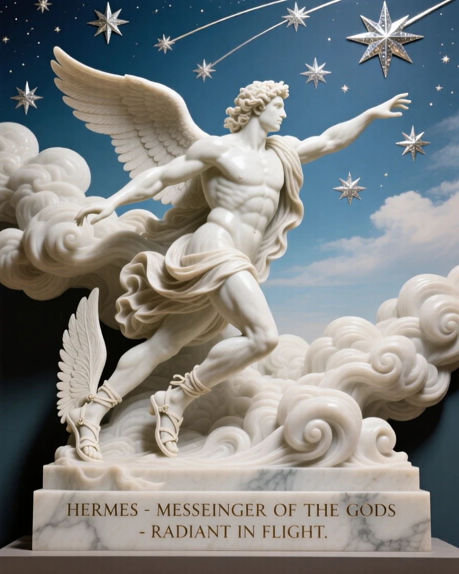 Hermes soaring between clouds with winged sandals, under a sky filled with shooting stars, radiating power and legend