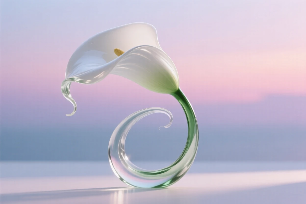 A single calla lily swaying gently in a light breeze under a pastel sky at dusk, dreamy and peaceful atmosphere.