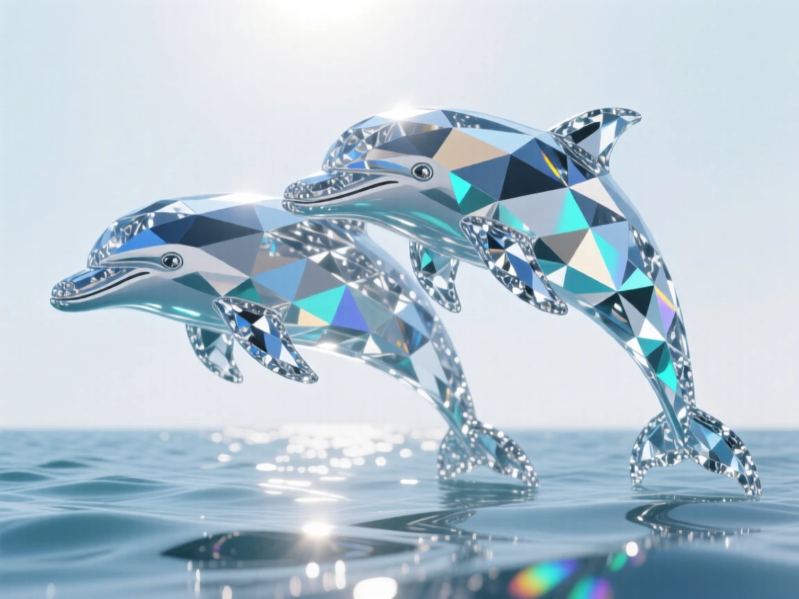 A pair of dolphins swimming in perfect synchrony beneath a sunlit ocean surface.