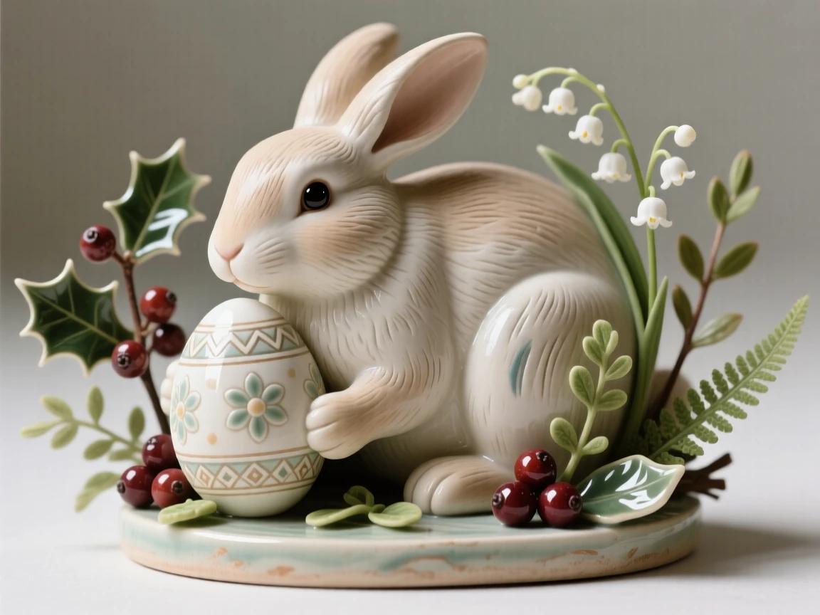 An Easter bunny cradling a decorated egg arranged among traditional seasonal motifs, accented with seasonal berries and greenery, stirring cozy nostalgia for cherished traditions.