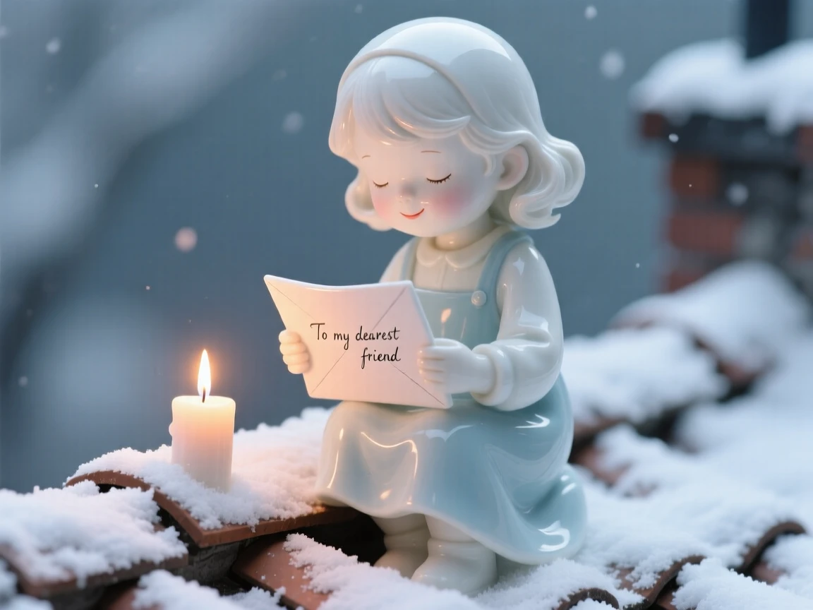A childlike gardener reading a letter by candlelight, a faint, knowing smile on her lips, in a snow-dusted rooftop.