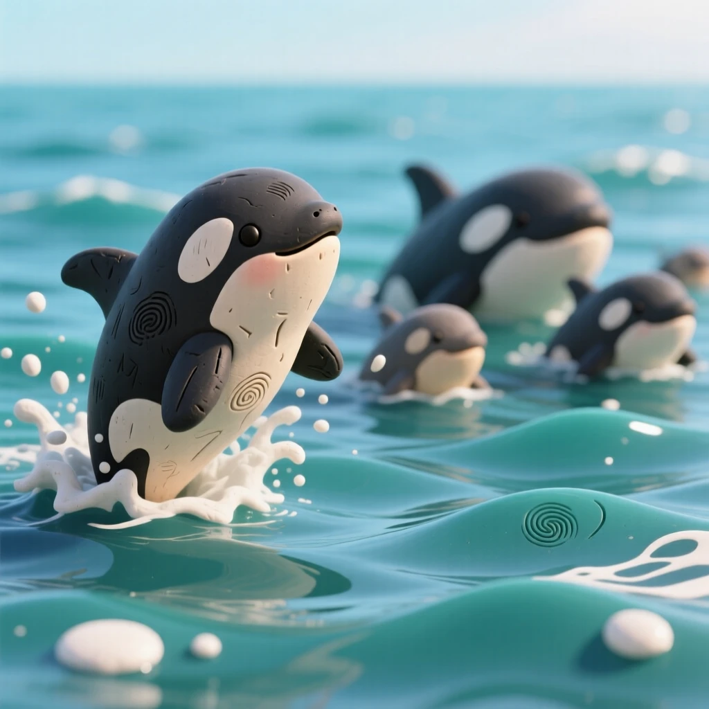 A young orca breaching beside its pod in open ocean waters