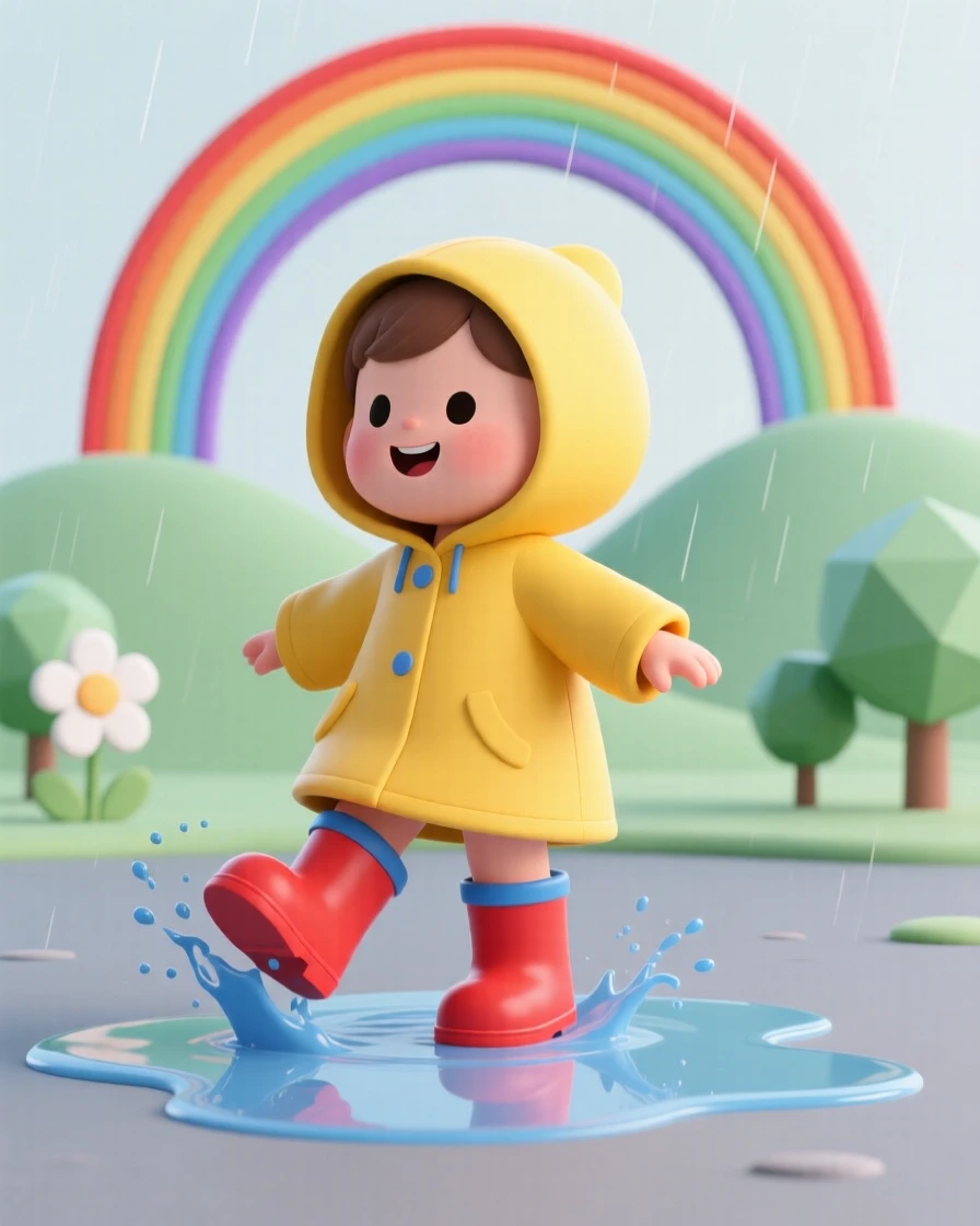 A toddler wearing oversized rain boots and a yellow raincoat splashes happily under a bright rainbow after a spring shower.