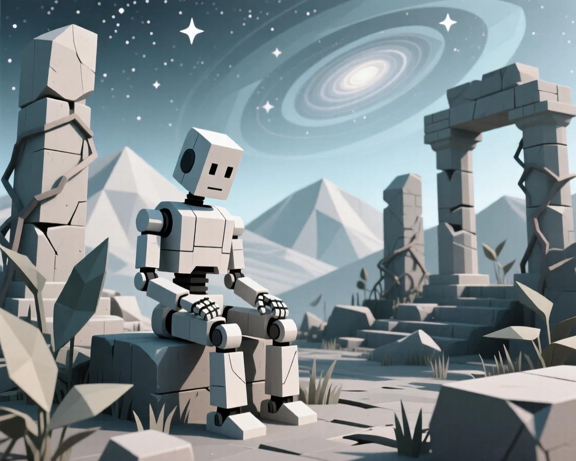 A time-worn robot sitting quietly among overgrown ruins, beneath the soft glow of distant galaxies. the composition uses a wide, immersive perspective. There is a dreamlike, otherworldly quality to the moment.