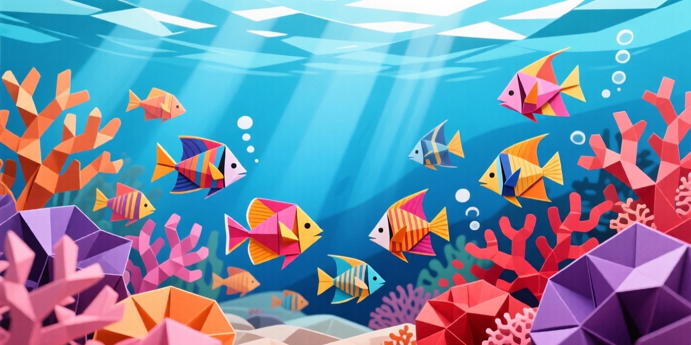 A coral reef teeming with vibrant fish, sunlight filtering down through clear blue water.