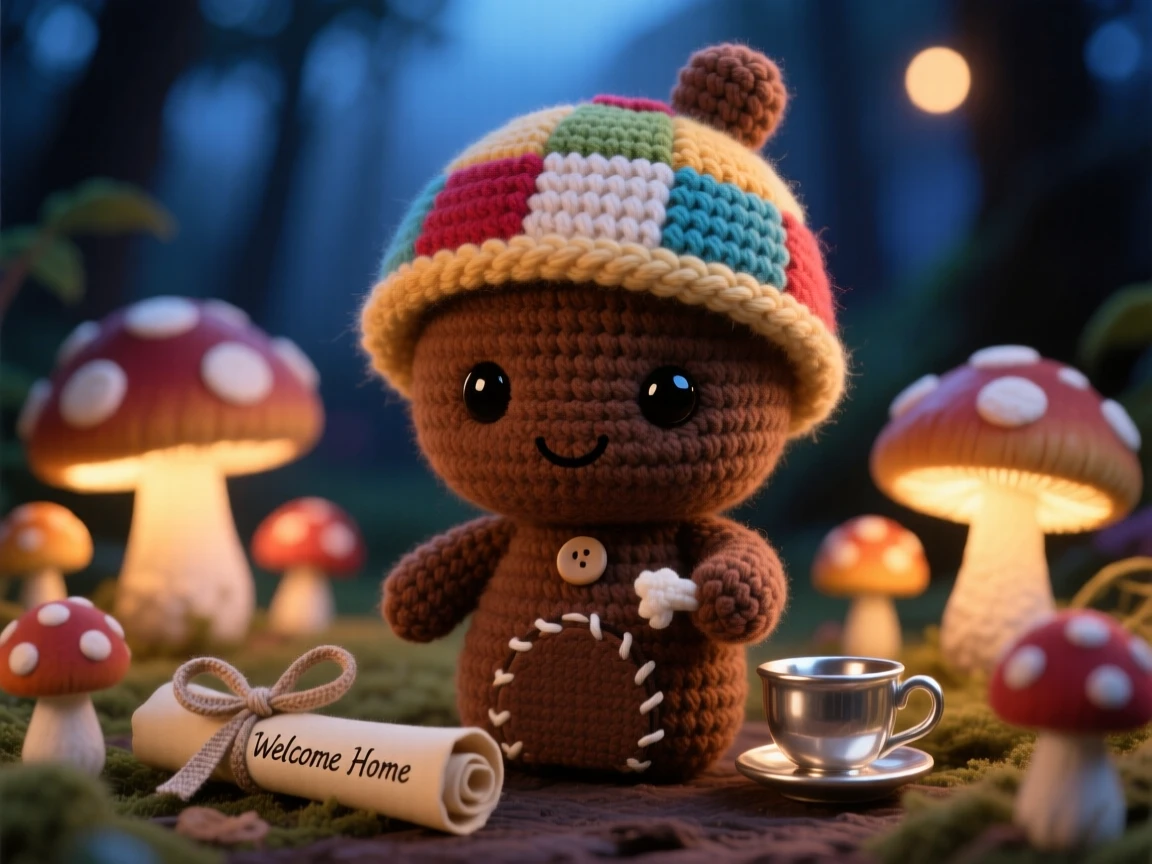 a tiny house brownie, with a patchwork cap and nimble fingers, polishing a tiny silver teacup, within a glowing mushroom forest at twilight, near a tiny scroll tied with a ribbon, radiating a soft, comforting sense of belonging.