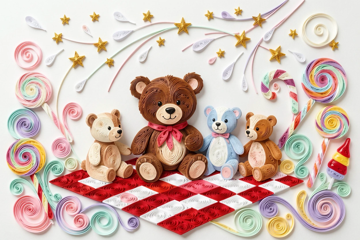A whimsical children's scene of a teddy bear having a picnic with other stuffed animal friends in a candy-colored dreamland, with a sprinkle of twinkling stars overhead, arranged with a joyful sense of motion and energy.